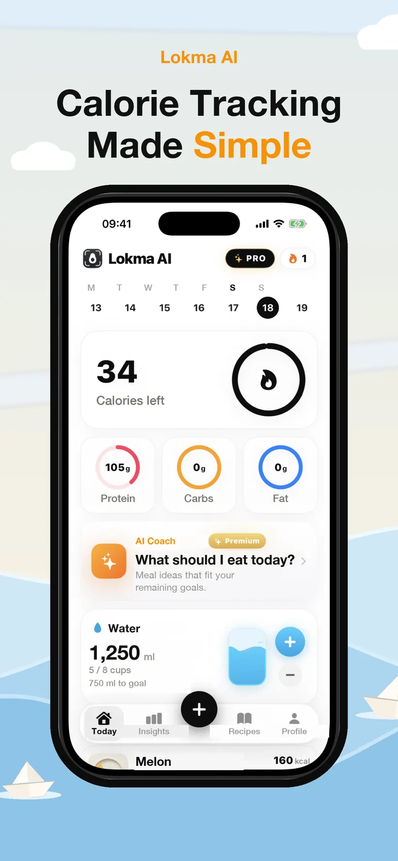 Lokma's Today screen showing calories left, macro rings for protein, carbs and fat, an AI coach card, water tracking and a logged meal