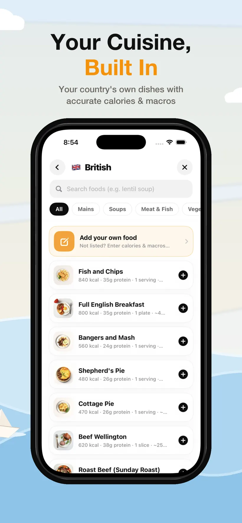 A local cuisine database in Lokma listing regional dishes with calories, protein and serving size, filtered by course