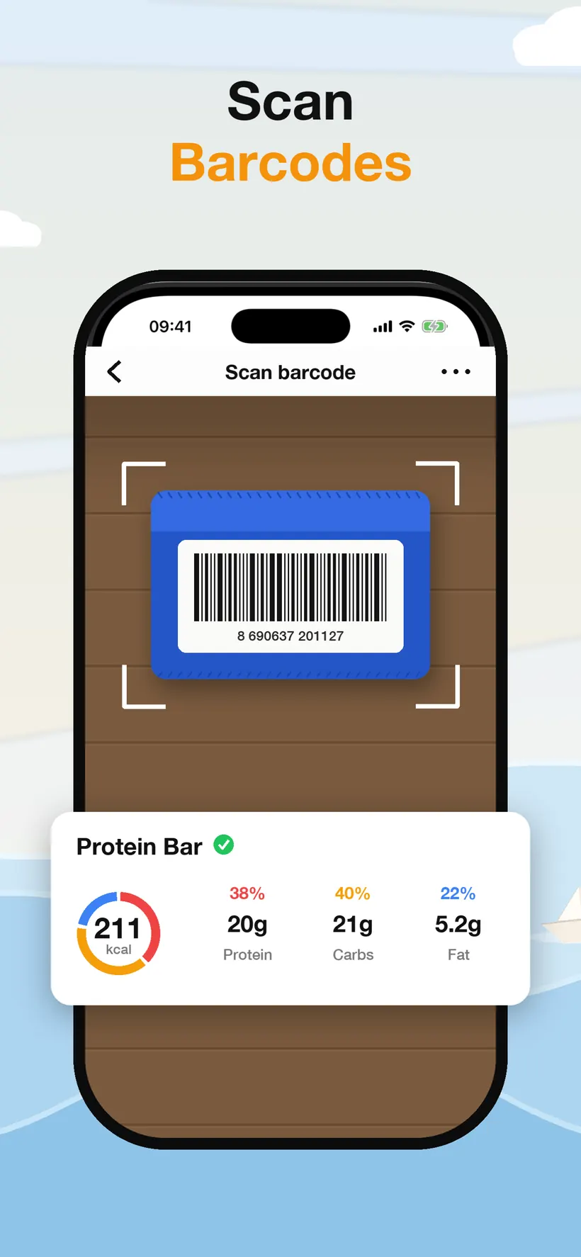 Lokma's barcode scanner reading a product label, with a result card showing 211 kcal and its protein, carb and fat breakdown