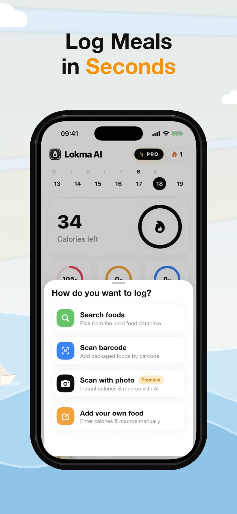 A sheet in Lokma offering four logging methods: search foods, scan barcode, scan with photo, and add your own food