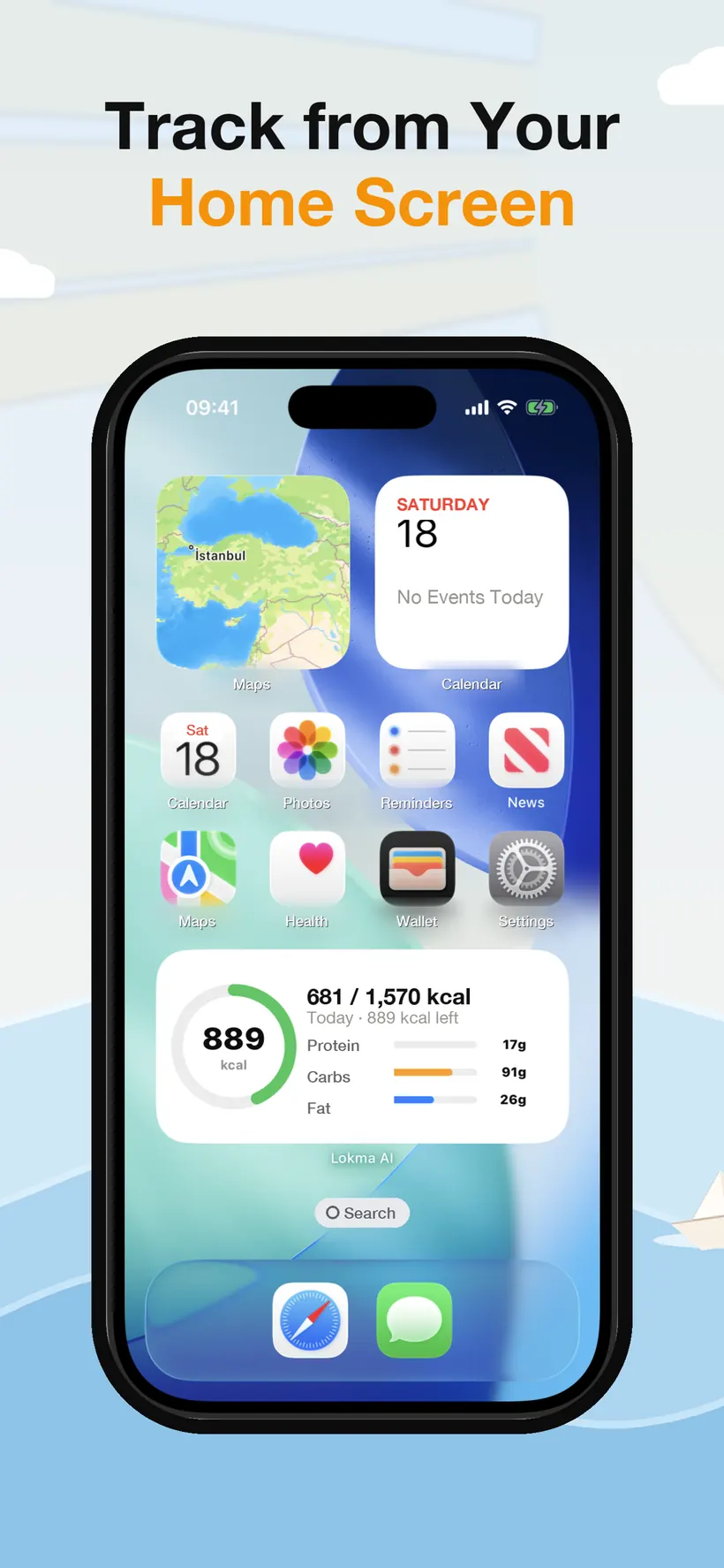 An iPhone Home Screen with the Lokma widget showing 681 of 1,570 kcal used and progress bars for protein, carbs and fat