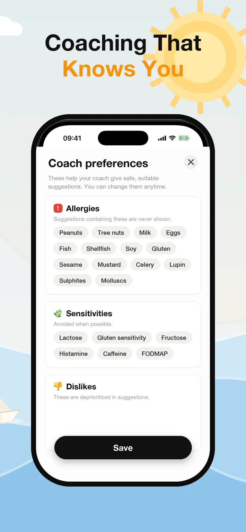 Lokma's coach preferences screen with selectable allergens, sensitivities such as lactose and FODMAP, and a dislikes section