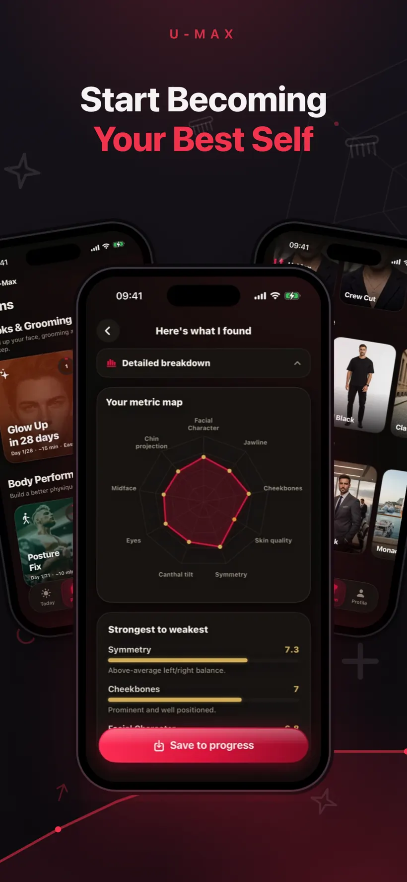 Three Umax AI screens side by side — a facial metric map, a daily plan, and an AI style try-on gallery