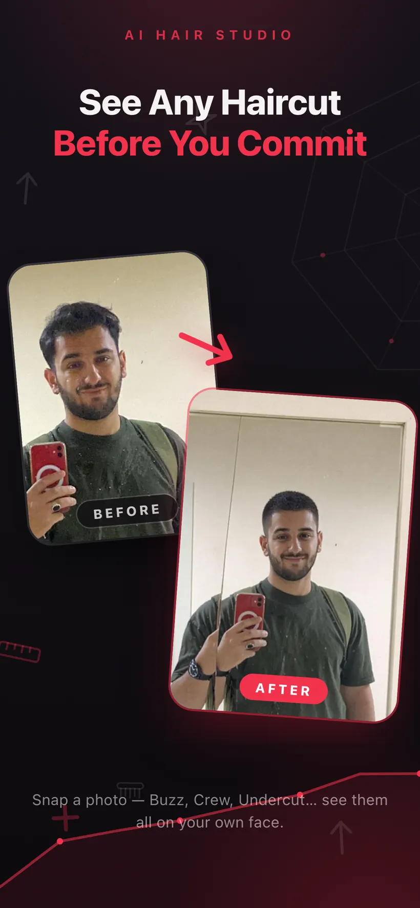 A before-and-after pair in Umax AI showing a mirror selfie and the same person with an AI-generated shorter haircut