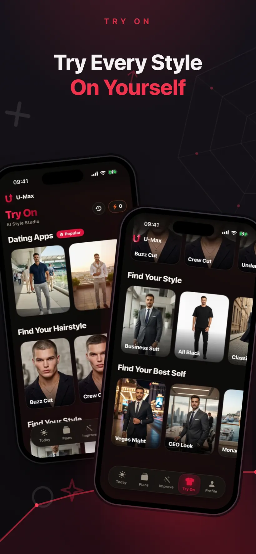 Umax AI's Try On tab with hairstyle and outfit categories such as Business Suit, All Black and CEO Look