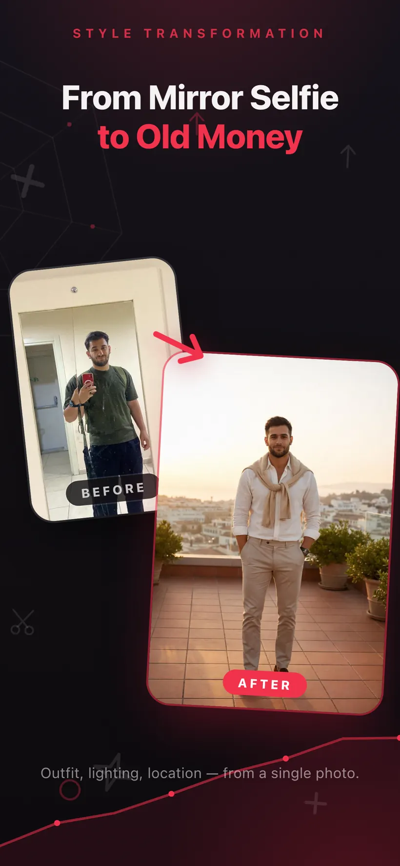 A style transformation in Umax AI: a plain mirror selfie next to an AI-generated version in smart casual clothing on a terrace