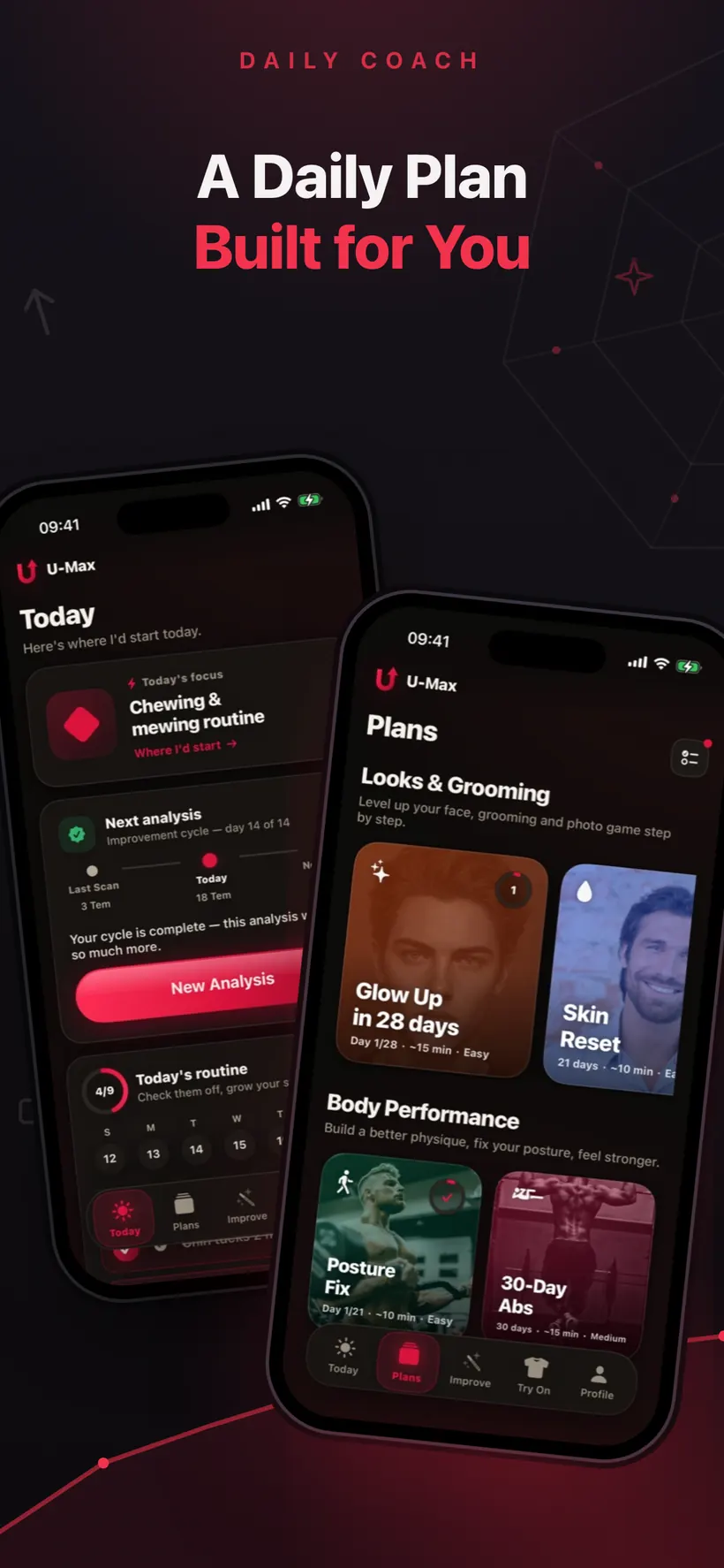 Umax AI's Today and Plans screens showing a daily focus, a routine checklist, and programme cards such as Glow Up in 28 days and Skin Reset