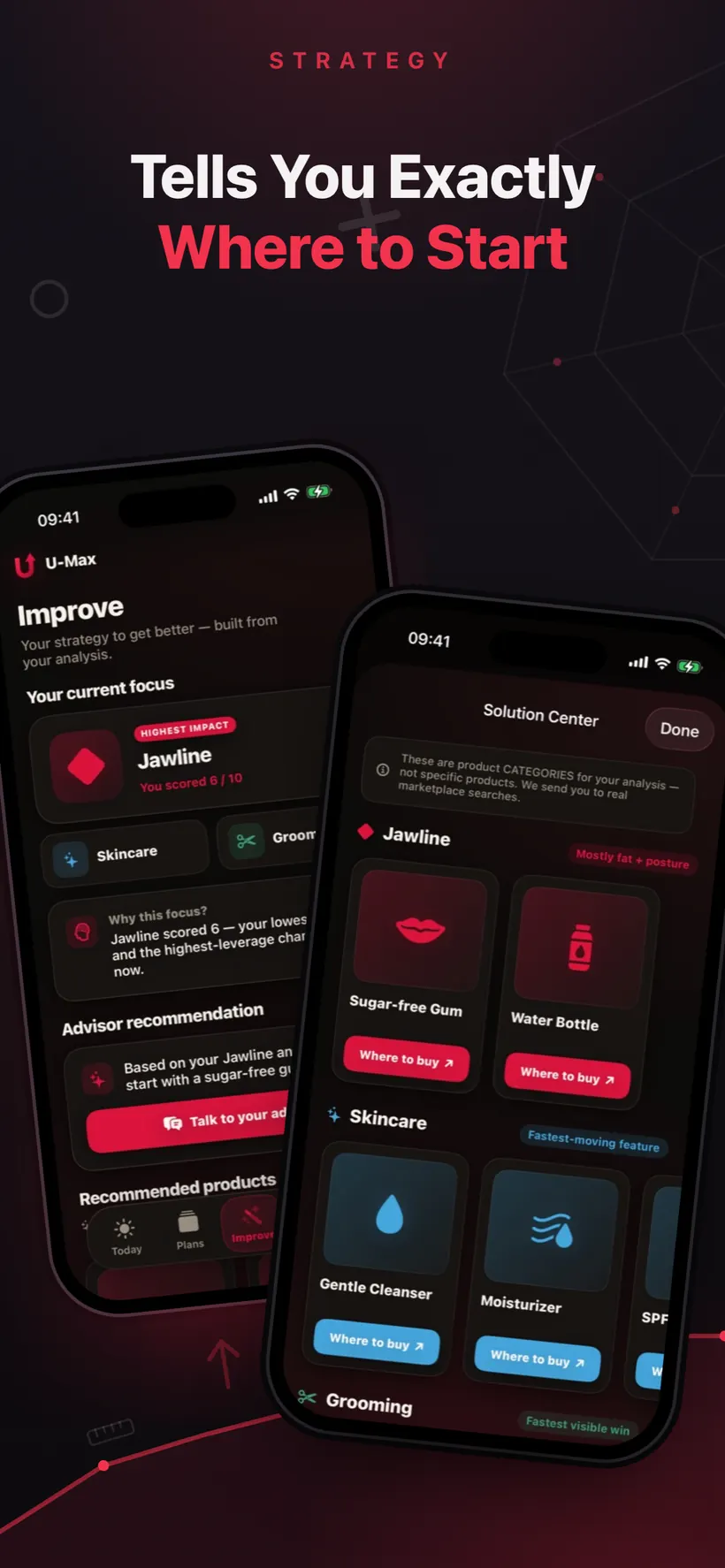 Umax AI's Improve screen naming jawline as the current focus, next to a Solution Center listing product categories for jawline, skincare and grooming
