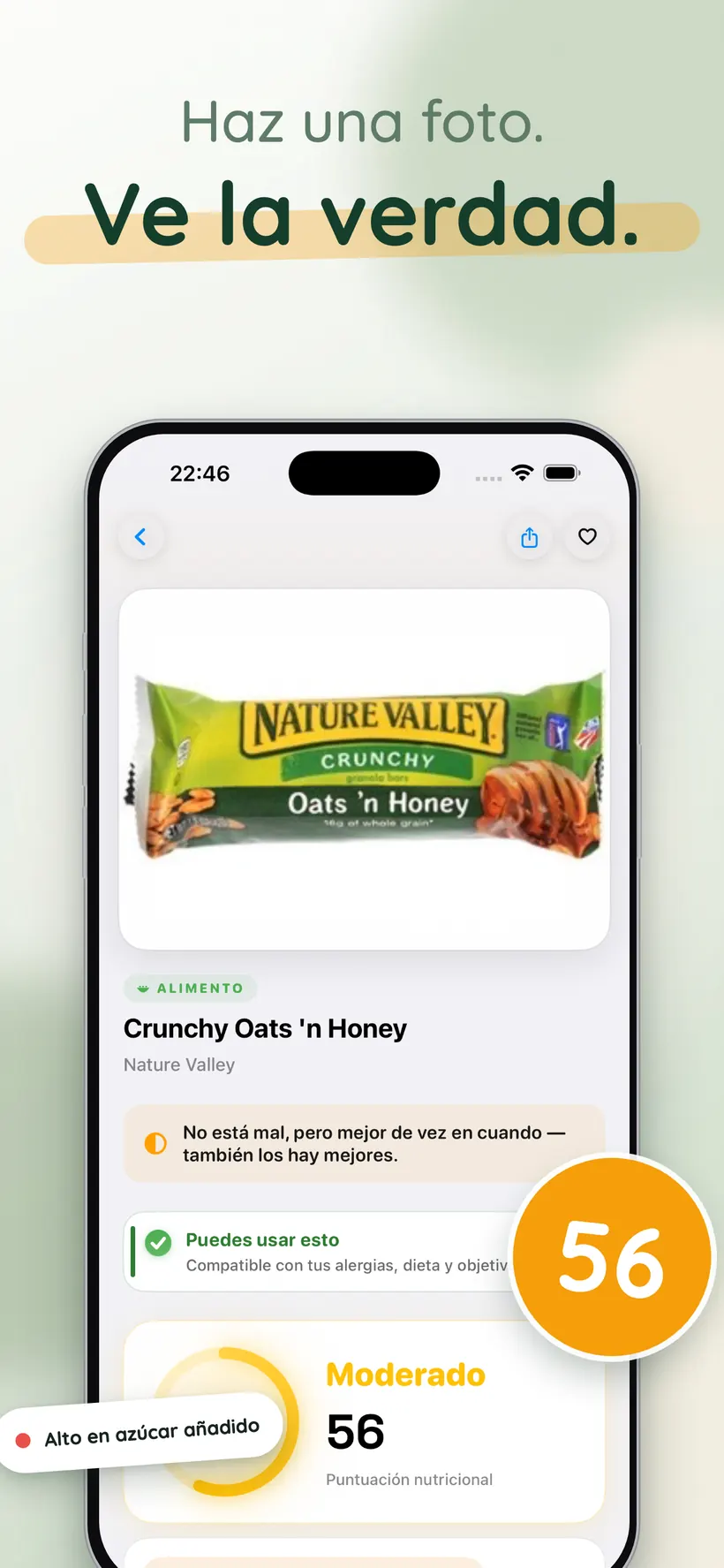 Página de producto de Yukka de una barrita de granola con nota C de 56, aviso de alérgenos y notas de ingredientes