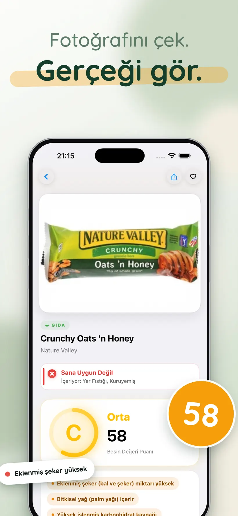 Yukka'da C harfli 58 puan, alerjen uyarısı ve içerik notları gösteren granola bar sayfası