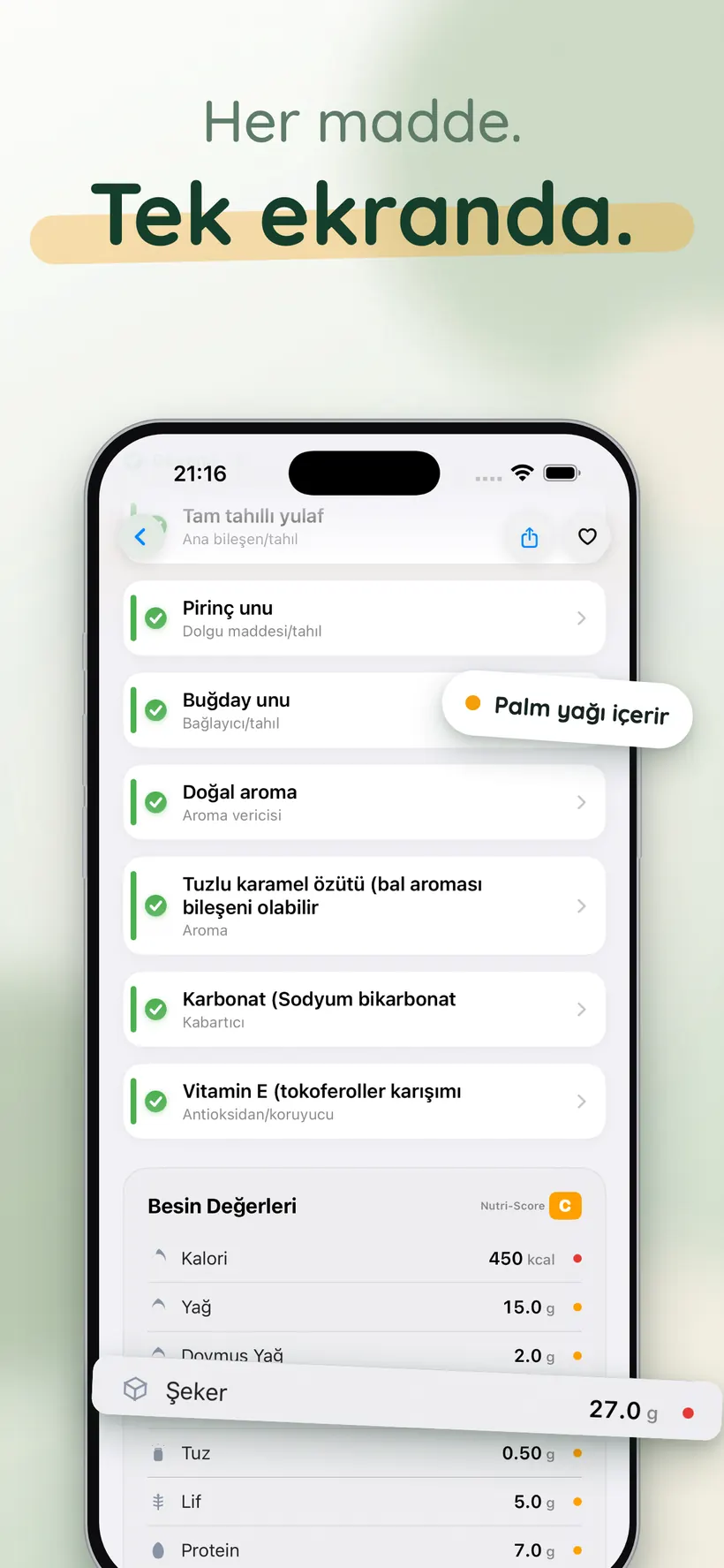 Yukka'da güvenlik sınıflarıyla içerik listesi ve besin tablosu, Şeker satırı büyütülmüş