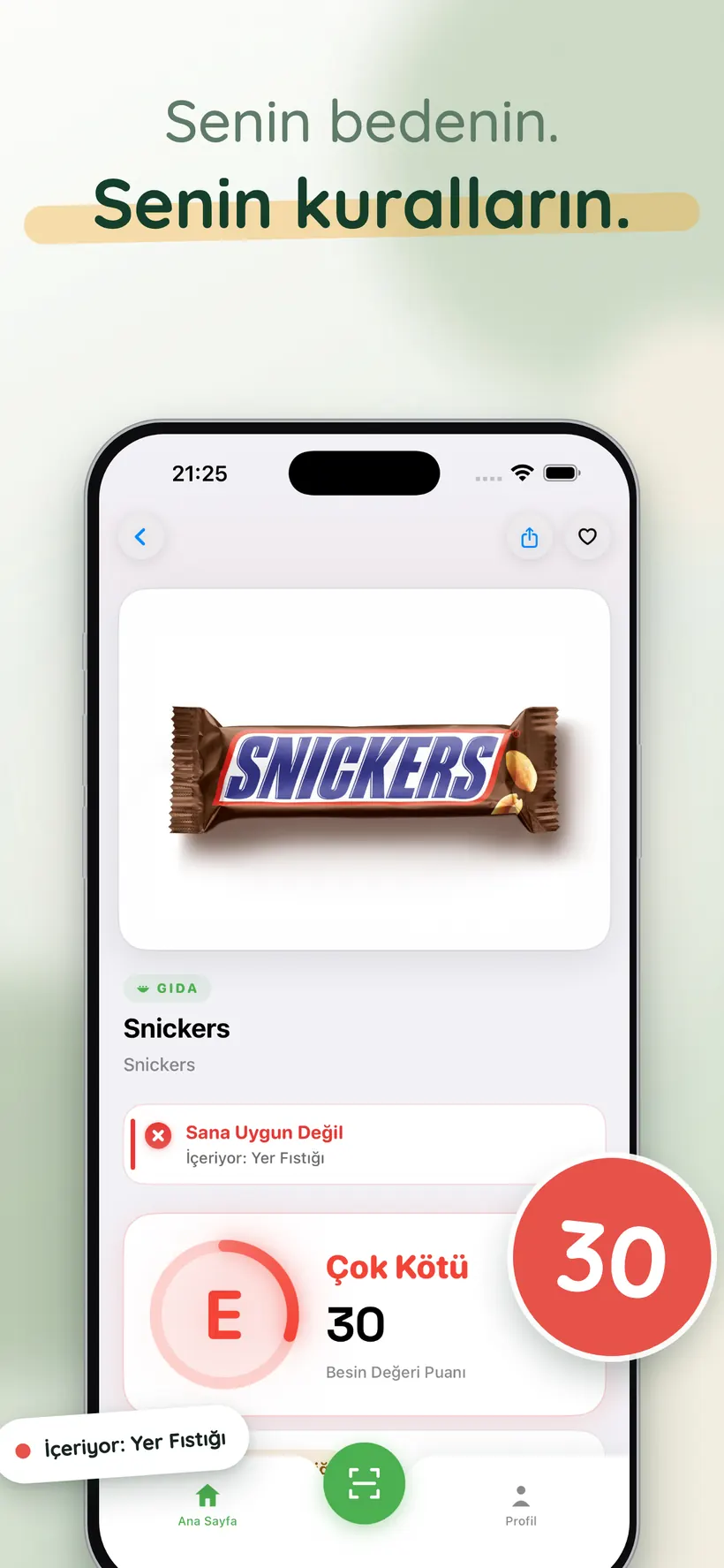 Yukka'da yer fıstığı içerdiği için Sana Uygun Değil olarak işaretlenmiş, 30 puanlı çikolata bar